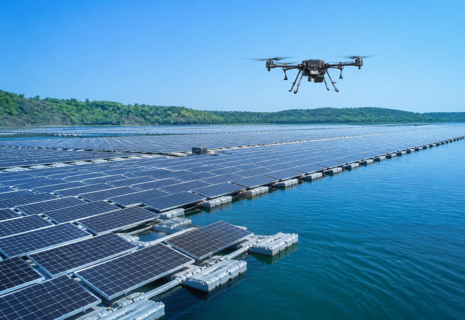 Dron industrial sobre una planta solar flotante