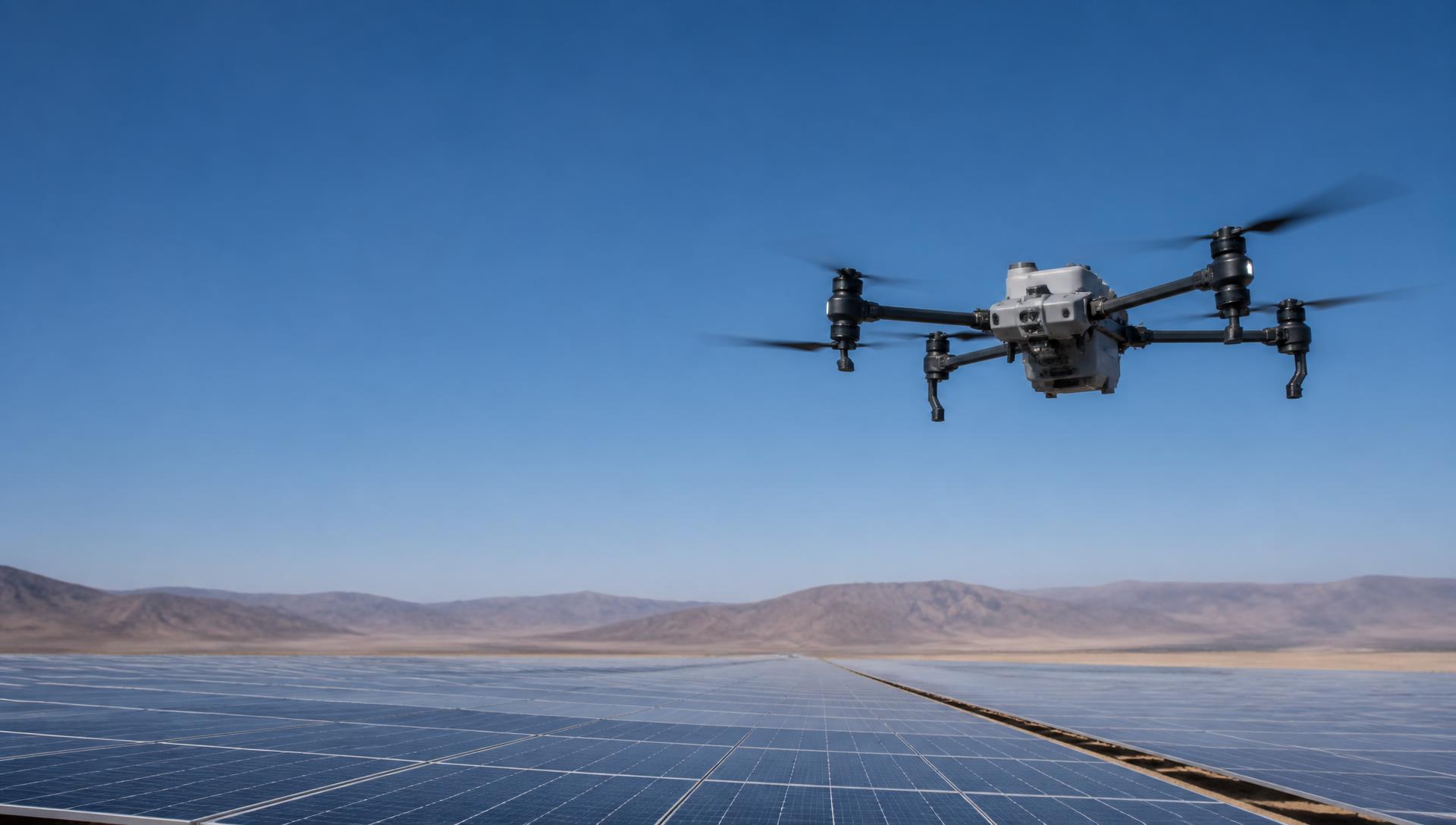 Dron industrial DJI Agras sobre una planta fotovoltaica, sin accesorios visibles